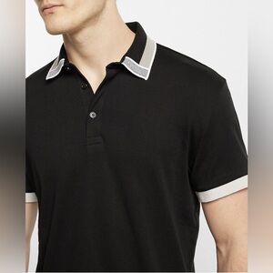 Express Men Stripe Tipped Collar Black Short Sleeve Stretch Polo Shirt Top XL